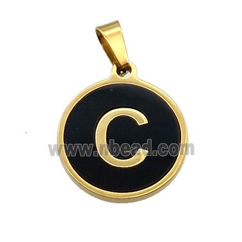 Stainless Steel Pendant Pave Black Agate Letter-C Gold Plated