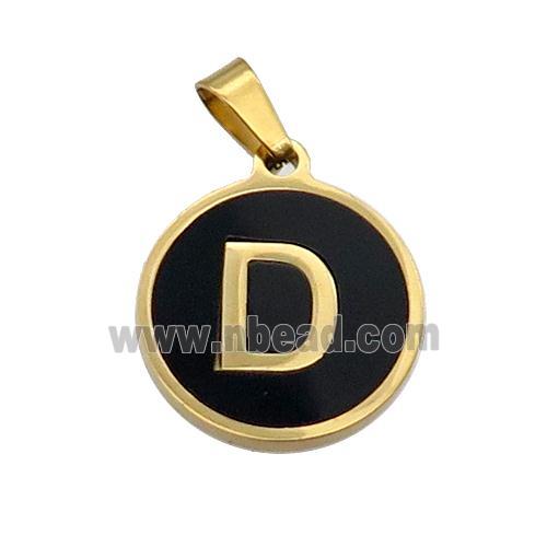 Stainless Steel Pendant Pave Black Agate Letter-D Gold Plated