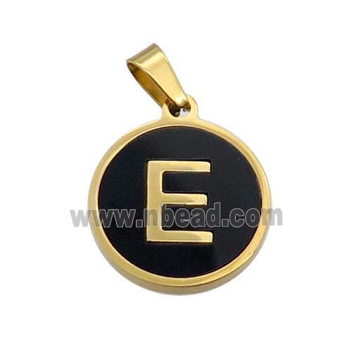 Stainless Steel Pendant Pave Black Agate Letter-E Gold Plated