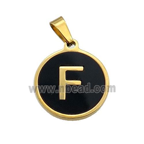 Stainless Steel Pendant Pave Black Agate Letter-F Gold Plated