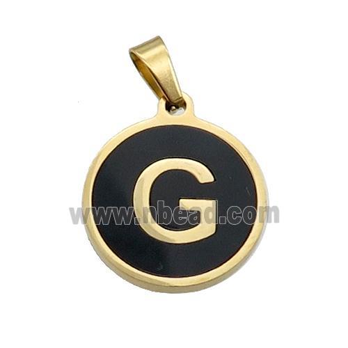 Stainless Steel Pendant Pave Black Agate Letter-G Gold Plated