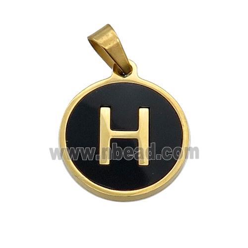Stainless Steel Pendant Pave Black Agate Letter-H Gold Plated
