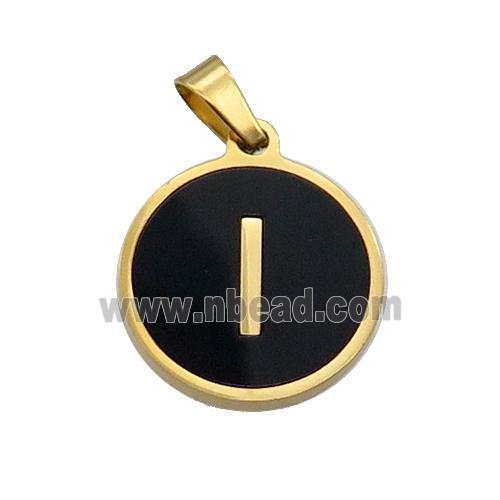Stainless Steel Pendant Pave Black Agate Letter-I Gold Plated