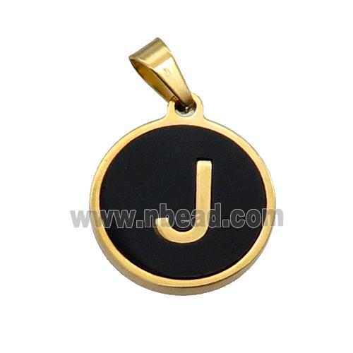 Stainless Steel Pendant Pave Black Agate Letter-J Gold Plated