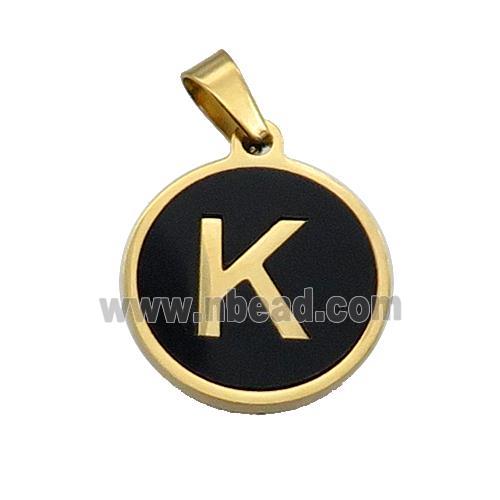 Stainless Steel Pendant Pave Black Agate Letter-K Gold Plated