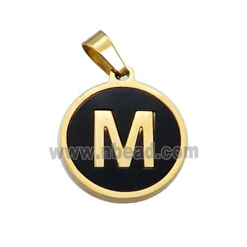 Stainless Steel Pendant Pave Black Agate Letter-M Gold Plated