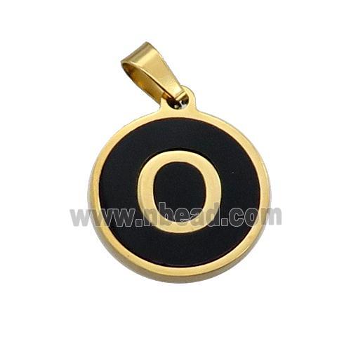 Stainless Steel Pendant Pave Black Agate Letter-O Gold Plated