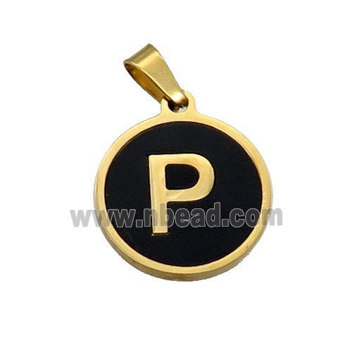 Stainless Steel Pendant Pave Black Agate Letter-P Gold Plated