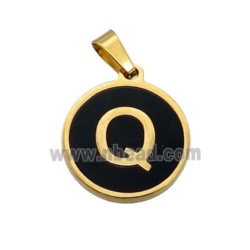 Stainless Steel Pendant Pave Black Agate Letter-Q Gold Plated