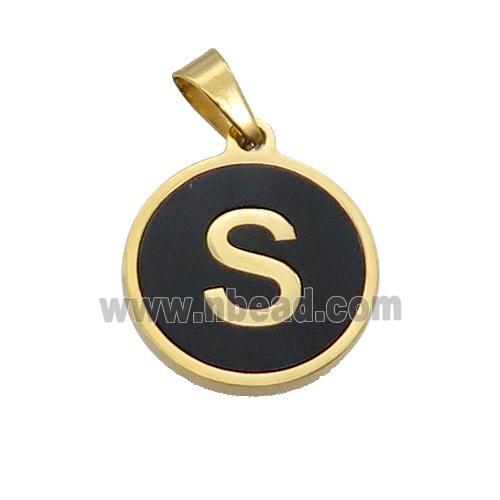 Stainless Steel Pendant Pave Black Agate Letter-S Gold Plated