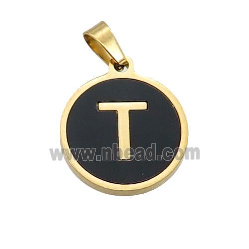 Stainless Steel Pendant Pave Black Agate Letter-T Gold Plated