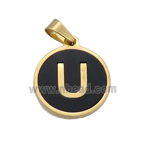 Stainless Steel Pendant Pave Black Agate Letter-U Gold Plated