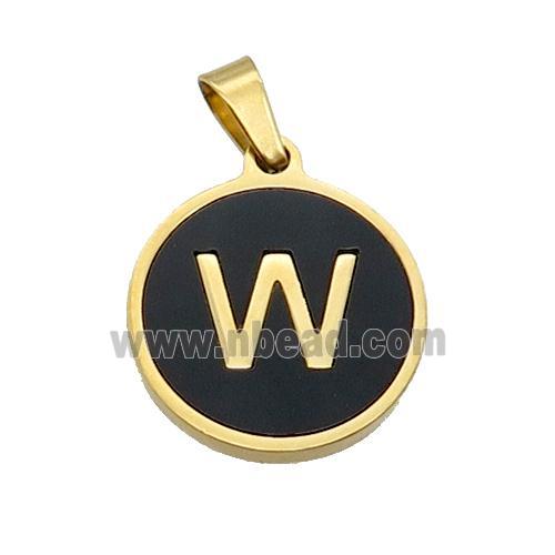 Stainless Steel Pendant Pave Black Agate Letter-W Gold Plated