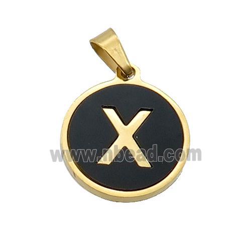 Stainless Steel Pendant Pave Black Agate Letter-X Gold Plated