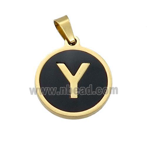 Stainless Steel Pendant Pave Black Agate Letter-Y Gold Plated