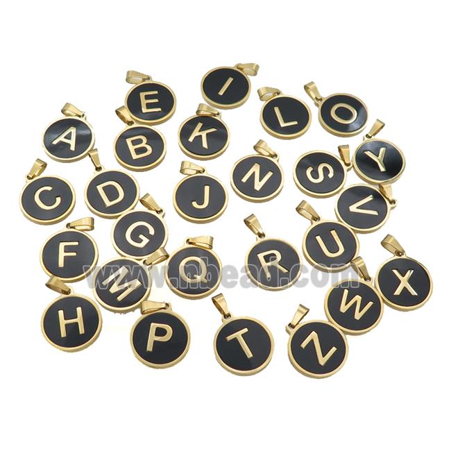 Stainless Steel Letter Pendant Pave Black Agate Circle Mix Alphabet Gold Plated