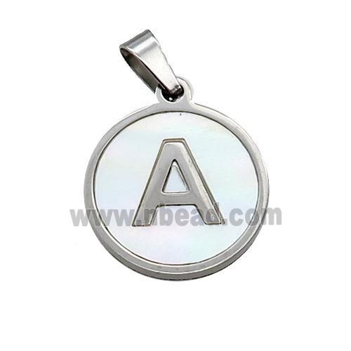 Raw Stainless Steel Pendant Pave White Shell Letter-A