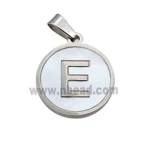 Raw Stainless Steel Pendant Pave White Shell Letter-E