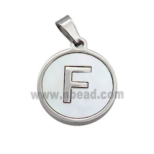 Raw Stainless Steel Pendant Pave White Shell Letter-F