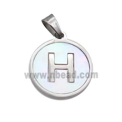 Raw Stainless Steel Pendant Pave White Shell Letter-H