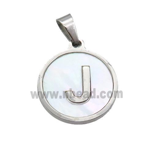Raw Stainless Steel Pendant Pave White Shell Letter-J