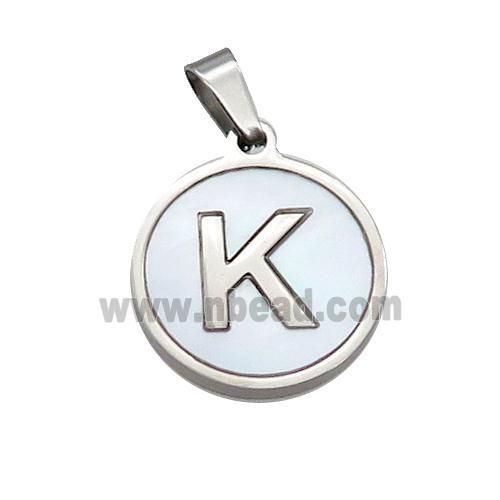 Raw Stainless Steel Pendant Pave White Shell Letter-K