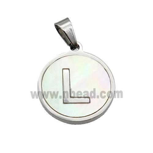 Raw Stainless Steel Pendant Pave White Shell Letter-L