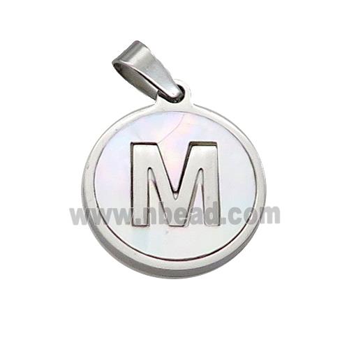 Raw Stainless Steel Pendant Pave White Shell Letter-M