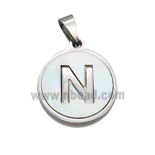 Raw Stainless Steel Pendant Pave White Shell Letter-N