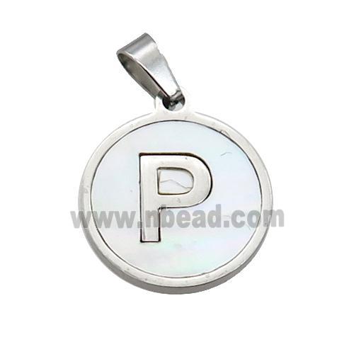 Raw Stainless Steel Pendant Pave White Shell Letter-P