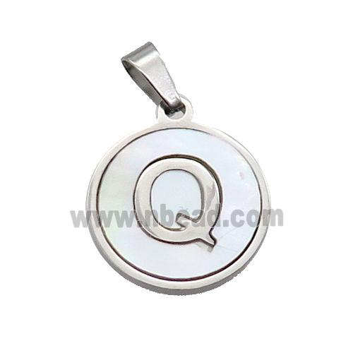 Raw Stainless Steel Pendant Pave White Shell Letter-Q