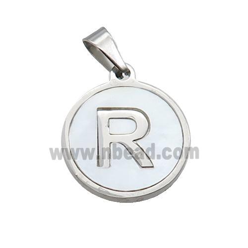 Raw Stainless Steel Pendant Pave White Shell Letter-R