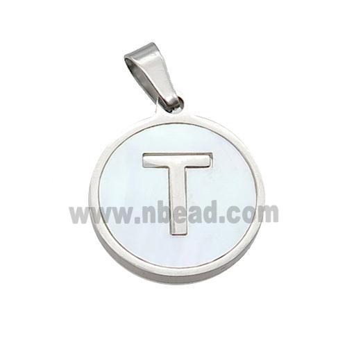 Raw Stainless Steel Pendant Pave White Shell Letter-T