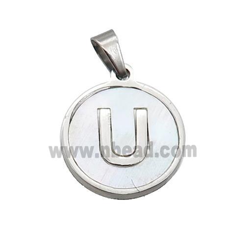 Raw Stainless Steel Pendant Pave White Shell Letter-U