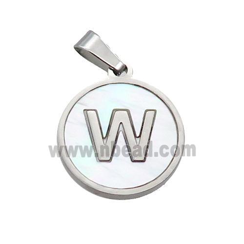 Raw Stainless Steel Pendant Pave White Shell Letter-W