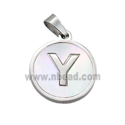 Raw Stainless Steel Pendant Pave White Shell Letter-Y