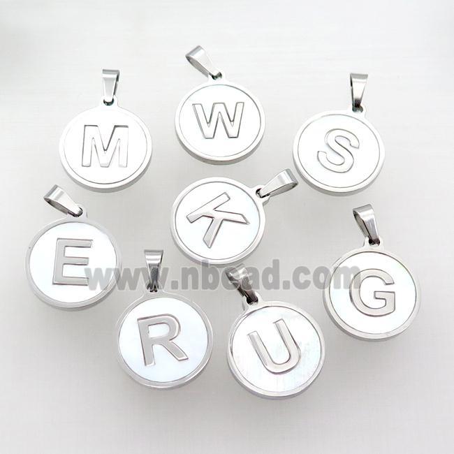 Raw Stainless Steel Letter Pendant Pave White Shell Mix Alphabet