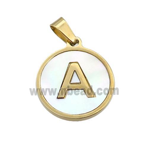 Stainless Steel Pendant Pave White Shell Letter-A Gold Plated