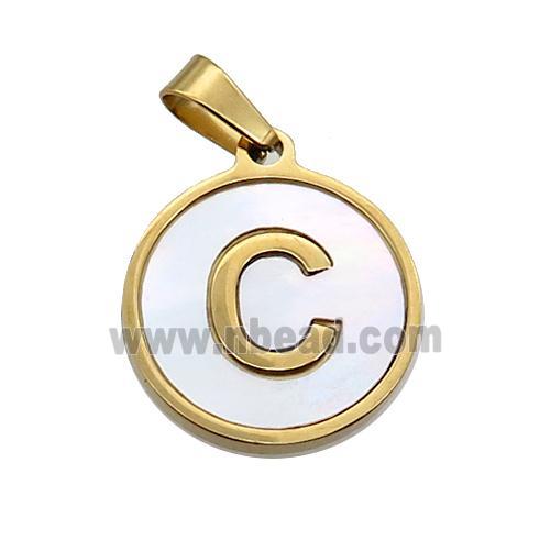 Stainless Steel Pendant Pave White Shell Letter-C Gold Plated