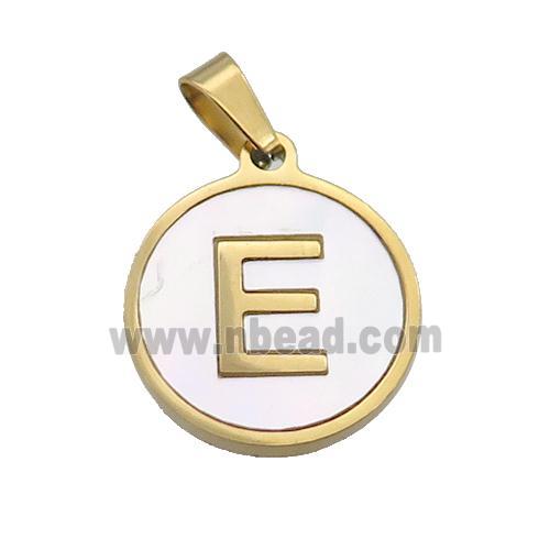 Stainless Steel Pendant Pave White Shell Letter-E Gold Plated