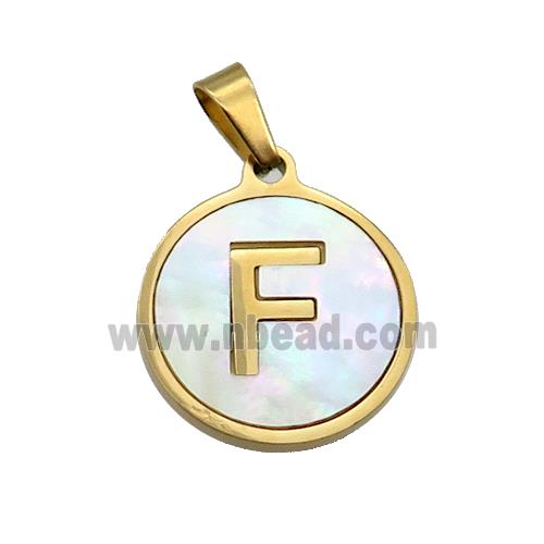 Stainless Steel Pendant Pave White Shell Letter-F Gold Plated