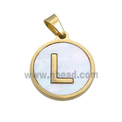 Stainless Steel Pendant Pave White Shell Letter-L Gold Plated
