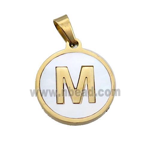 Stainless Steel Pendant Pave White Shell Letter-M Gold Plated
