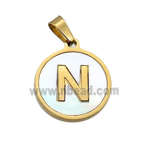 Stainless Steel Pendant Pave White Shell Letter-N Gold Plated
