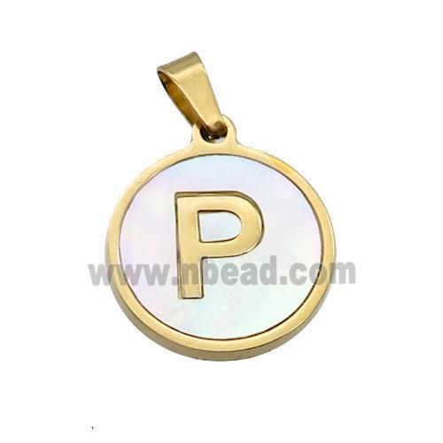 Stainless Steel Pendant Pave White Shell Letter-P Gold Plated