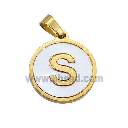 Stainless Steel Pendant Pave White Shell Letter-S Gold Plated