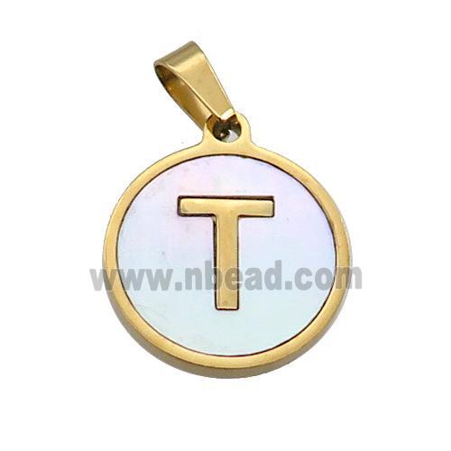 Stainless Steel Pendant Pave White Shell Letter-T Gold Plated