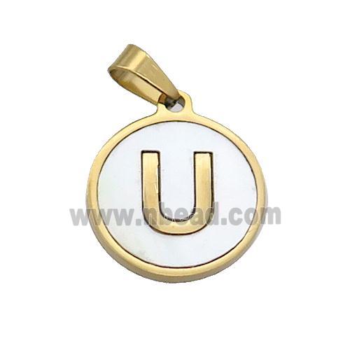 Stainless Steel Pendant Pave White Shell Letter-U Gold Plated