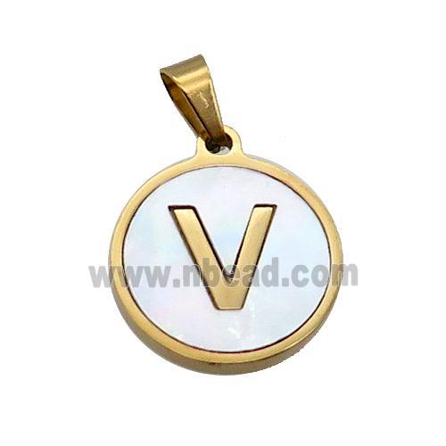 Stainless Steel Pendant Pave White Shell Letter-V Gold Plated