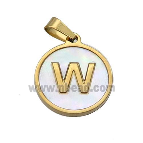 Stainless Steel Pendant Pave White Shell Letter-W Gold Plated